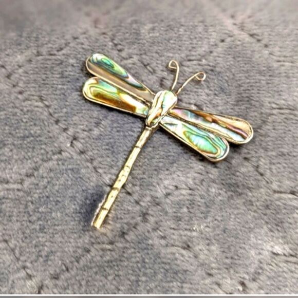 Vintage 80's Sterling Silver and Abalone Dragonfly Brooche - Picture 3 of 8